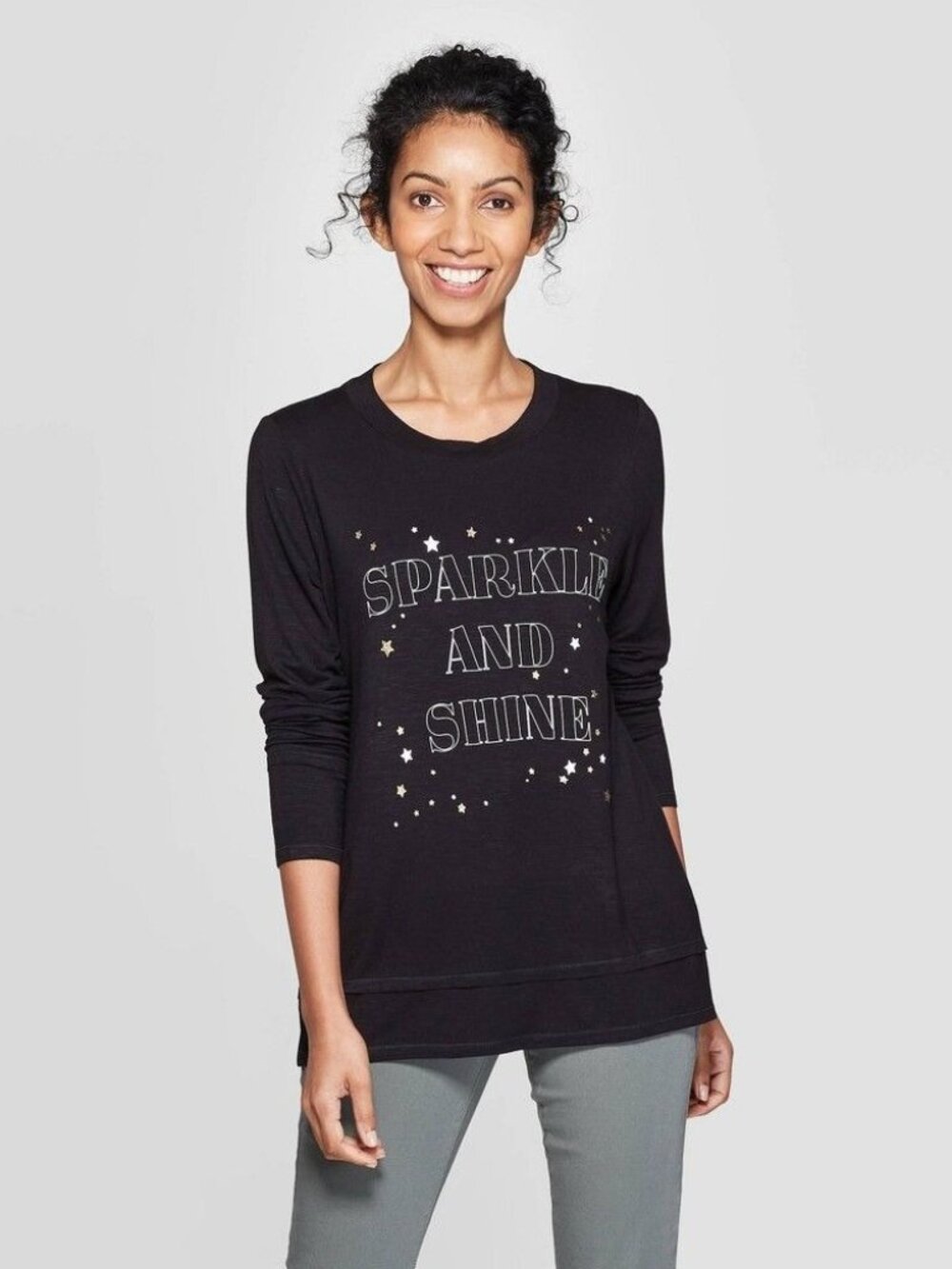 Knox Rose Womens Black Long-Sleeve Graphic Tee "Sparkle And Shine" S - Picture 1 of 7